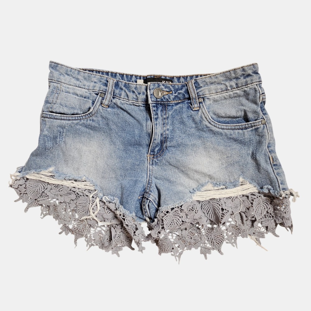 Kut from the Kloth - Light Wash Denim Shorts with Gray Lace Trim